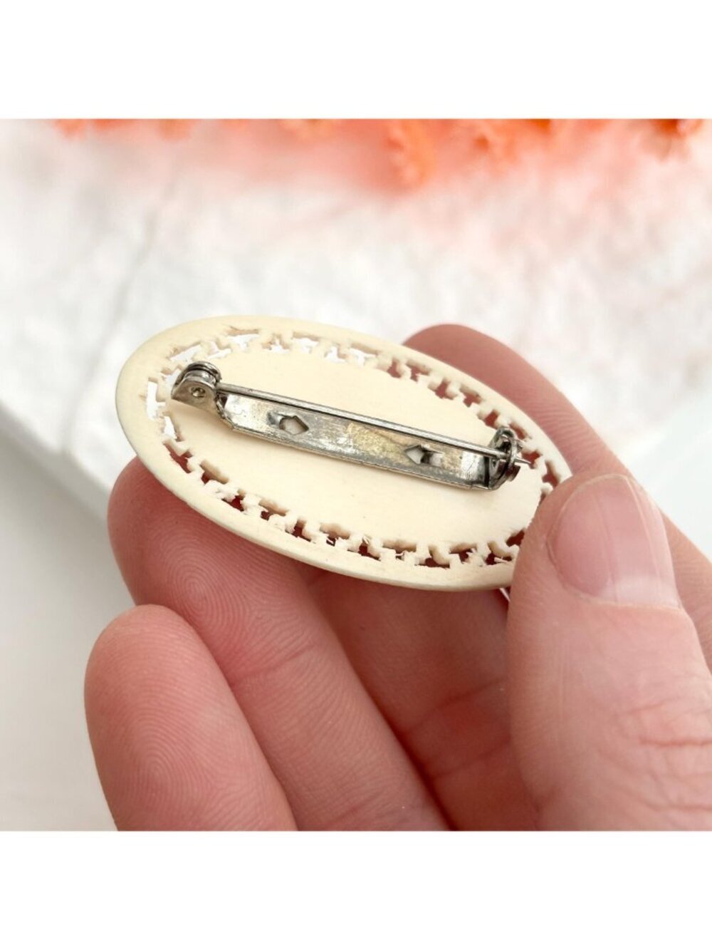 Chinese Hand-Carved & Painted Landscape Scenery 1950's Vintage Jewelry Brooch - Picture 8 of 10